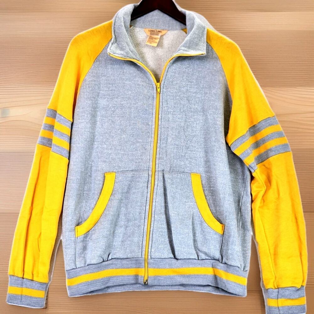 Logo 7, INC. Vintage Men's Large Y2K Yellow Grey Long Sleeve Full Zip Coatigan